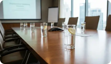 Conference room table with glasses of water