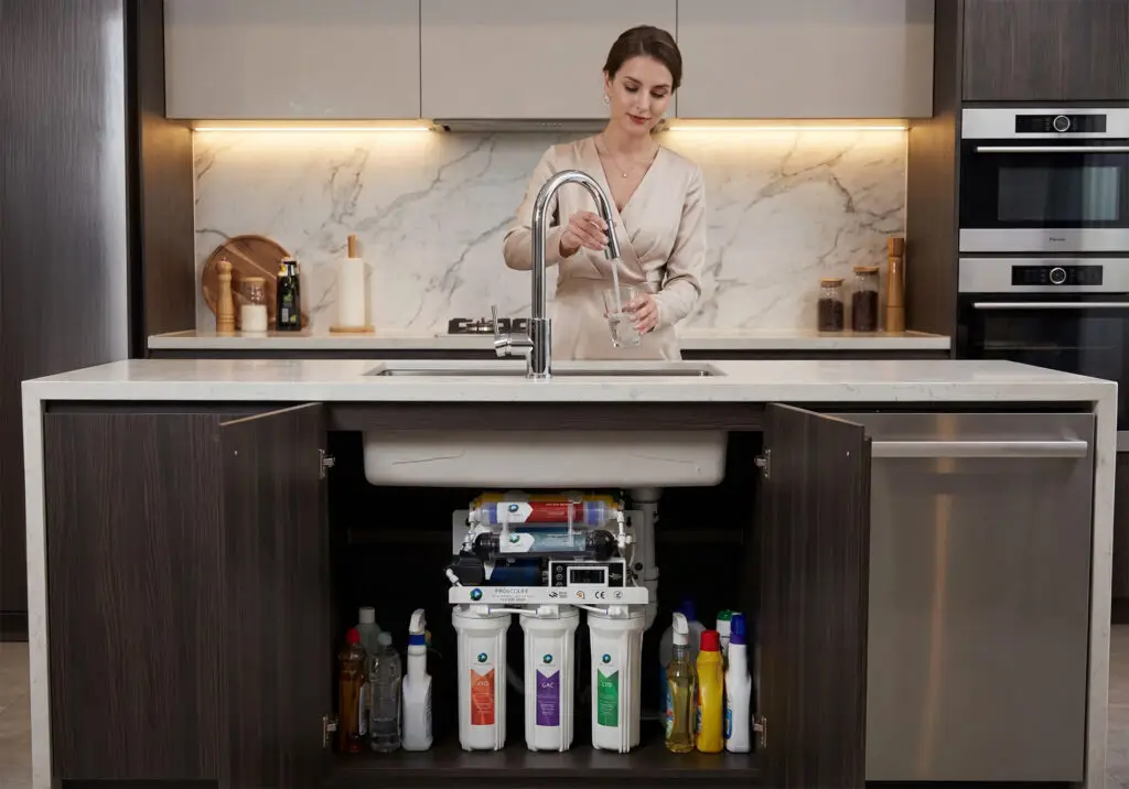 Woman at a kitchen sink with a water filtration system under the counter