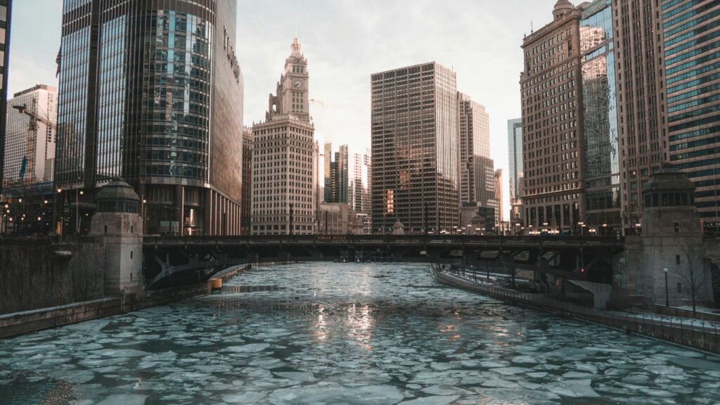 frozen water under a bridge in the city