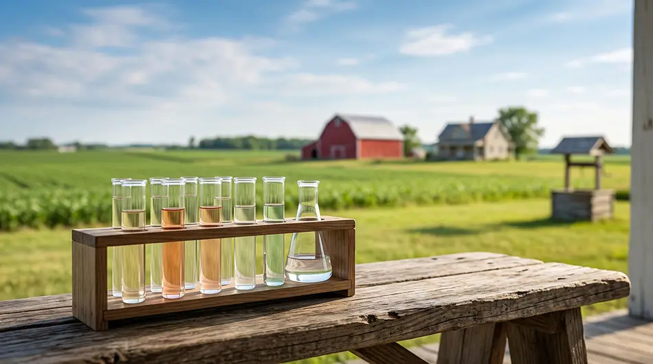 Well water samples in test tubes at a rural farm