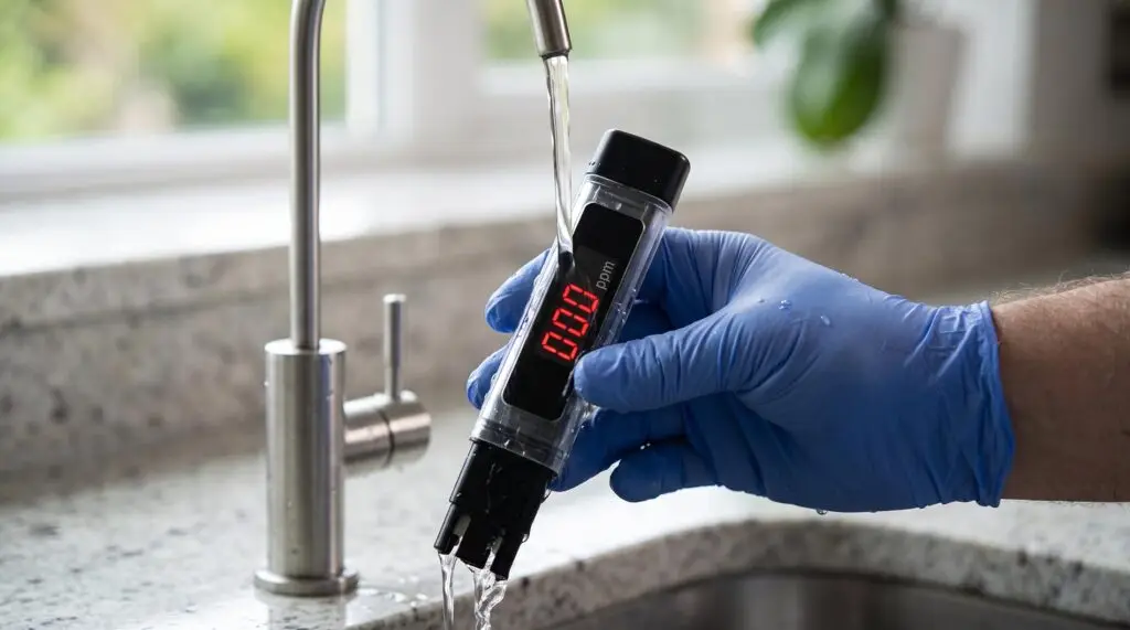Technician testing tap water with a digital TDS meter