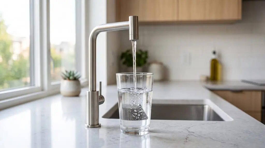 Kitchen faucet filling a glass with clean water