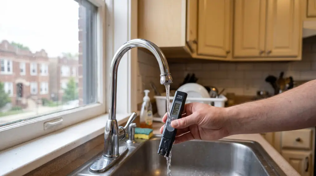 Testing Chicago tap water with a TDS meter at the kitchen sink