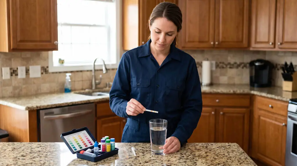 Technician testing water with a test kit in a Des Plaines kitchen