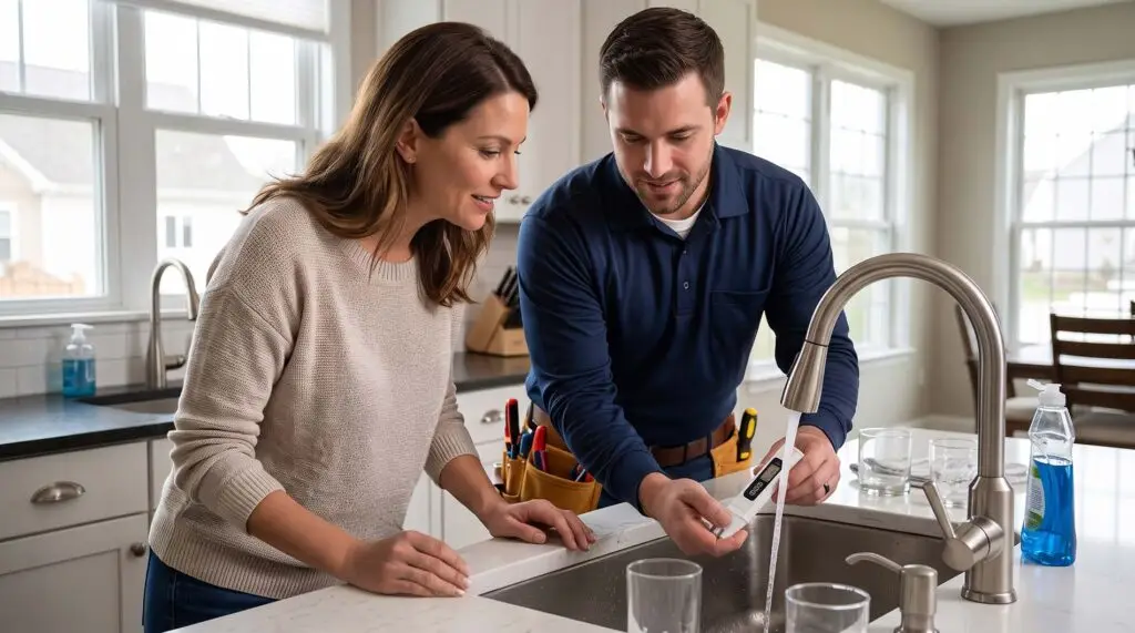 Technician reviewing water test results with a homeowner at the sink