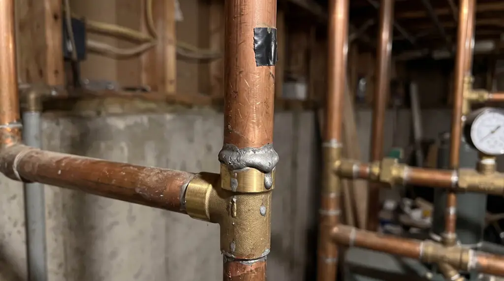 Old copper water pipes in a basement