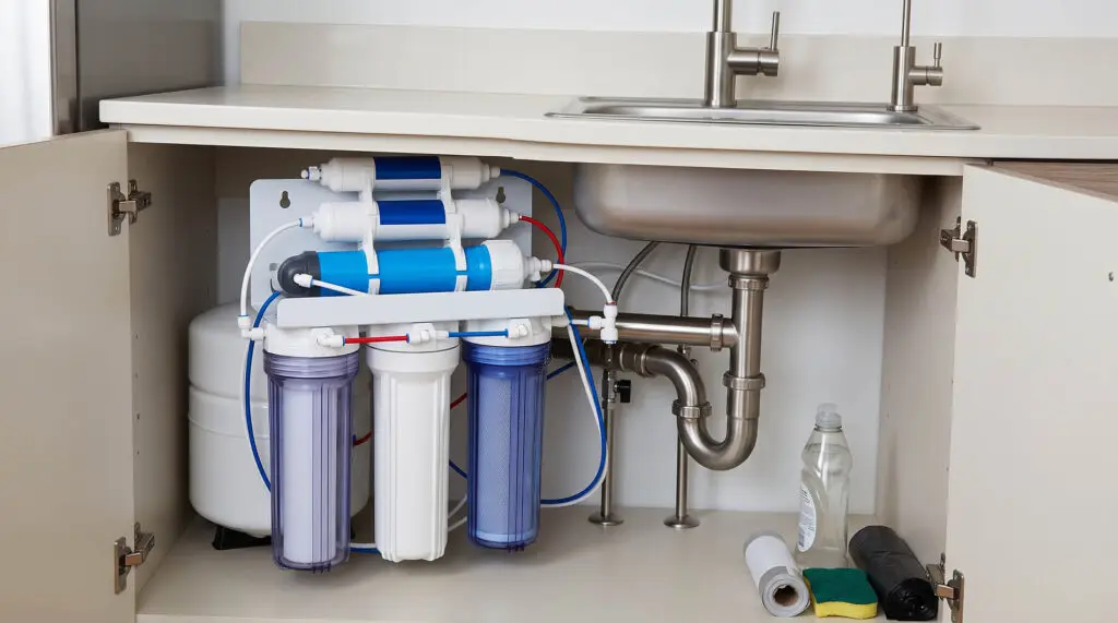 Reverse osmosis system installed under a kitchen sink