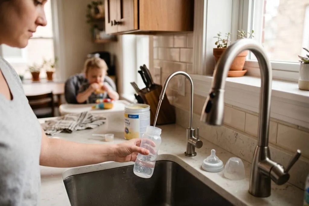 Parent preparing a baby bottle with filtered water in a Chicago kitchen