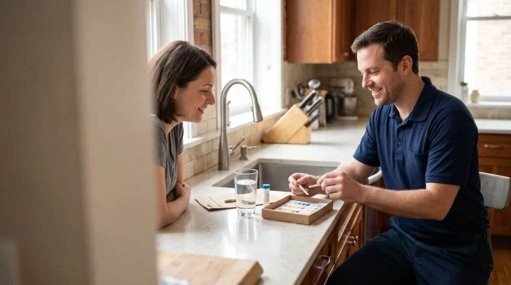 Technician showing a Chicago homeowner a free water test