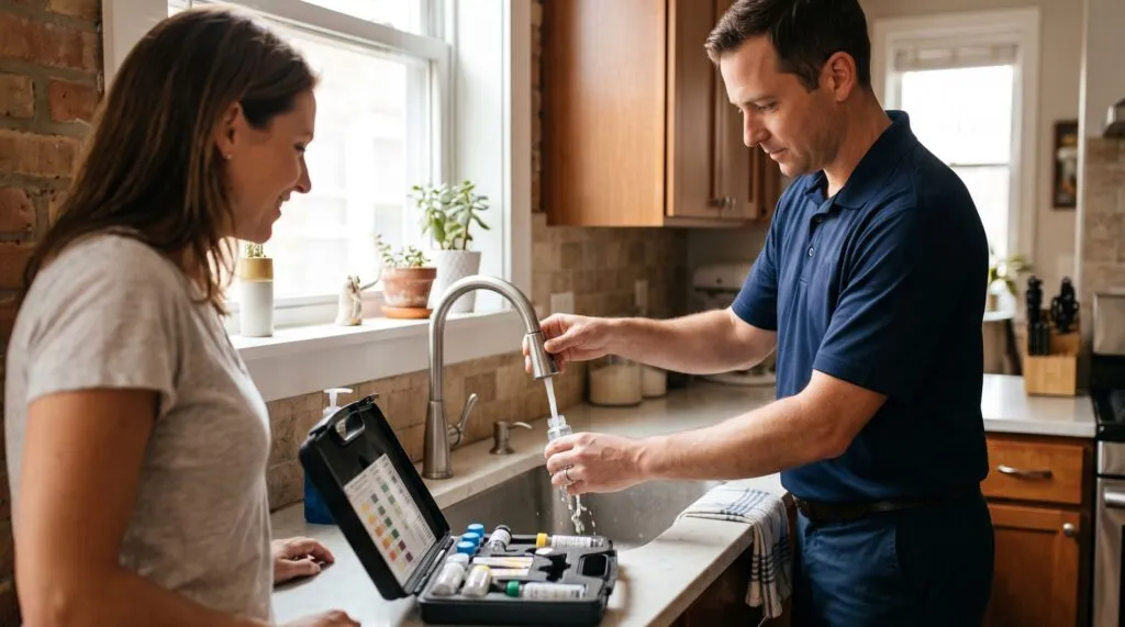 Technician taking a tap water sample for a free lead test