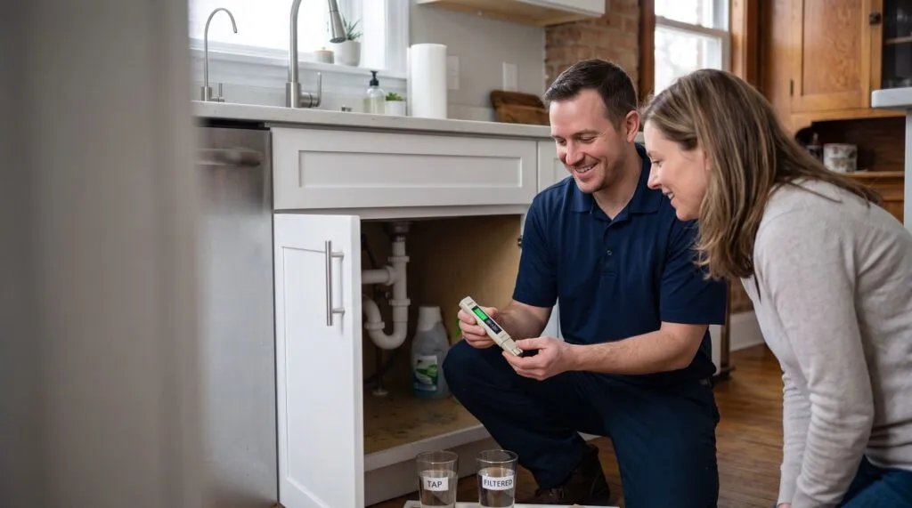 Technician showing a homeowner a TDS meter reading of filtered water