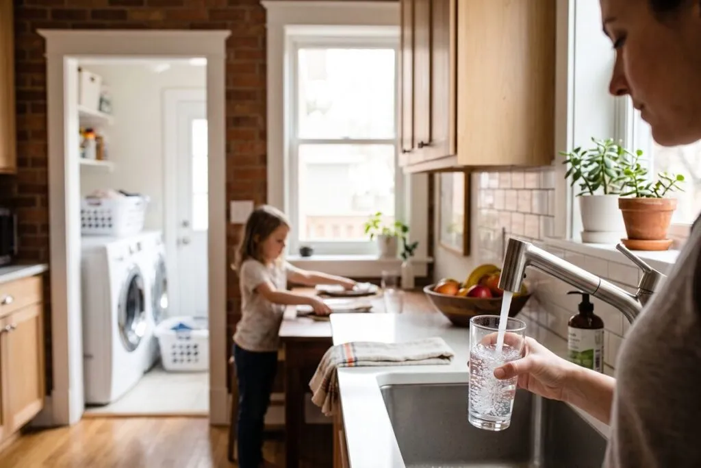 Clean water from whole-home water purification at a Chicago kitchen tap