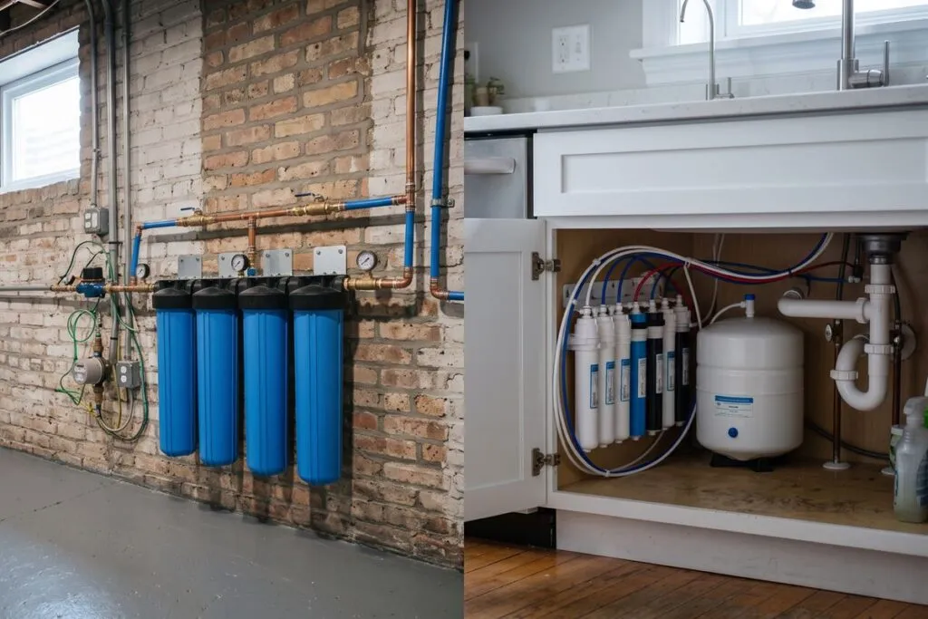 Whole-house filter at the main line and an under-sink RO system
