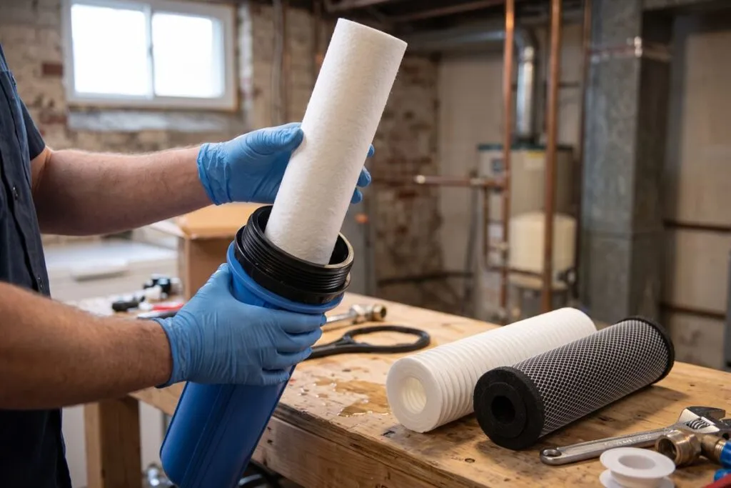 Technician installing a whole-house filter cartridge for city or well water
