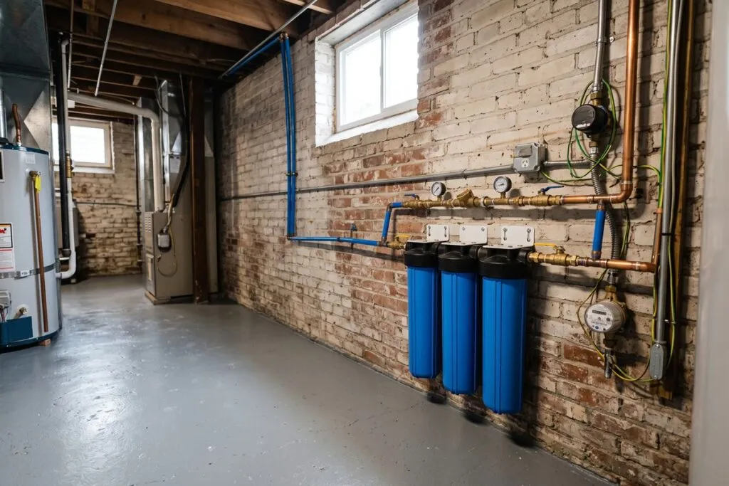 Whole-house filter housings on the main water line in a Chicago basement